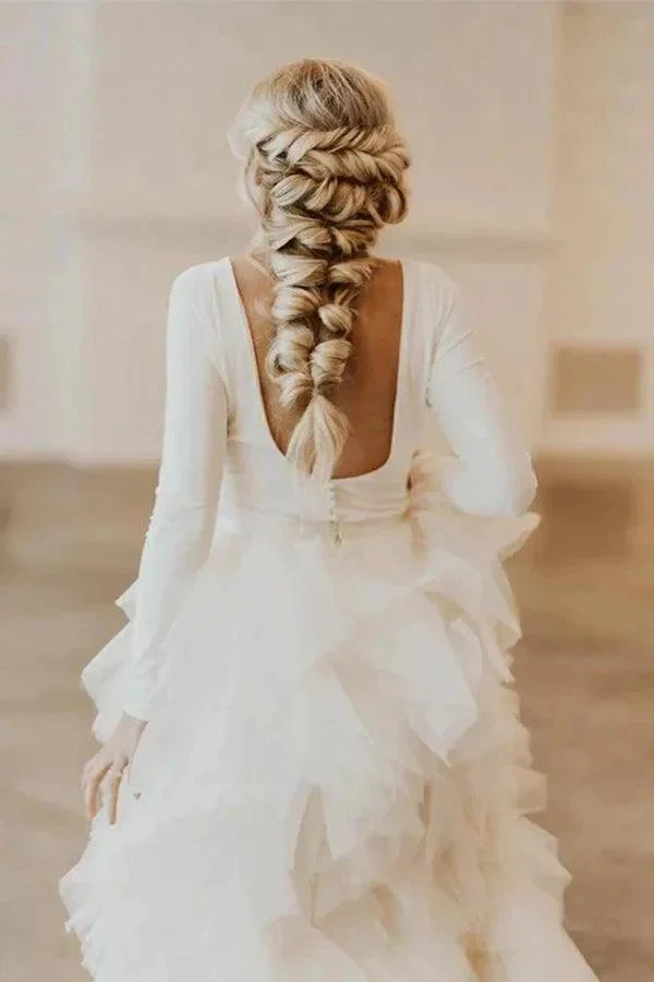 A-Line Round Neck Court Train Tulle Wedding Dress with Long Sleeves  WD307 - Image 7