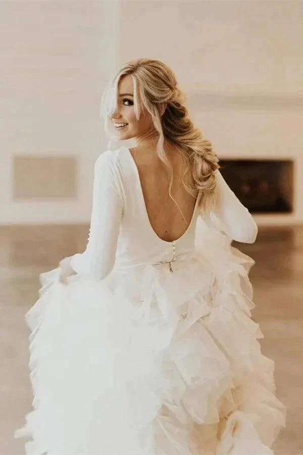 A-Line Round Neck Court Train Tulle Wedding Dress with Long Sleeves  WD307 - Image 8