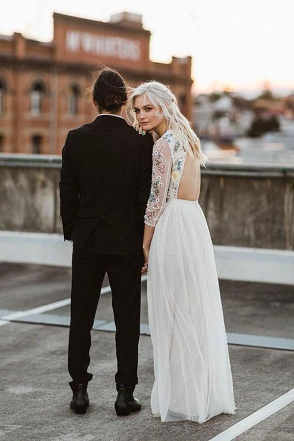 A-Line Round Neck Long Wedding Dress with Lace Long Sleeves  WD341 - Image 2