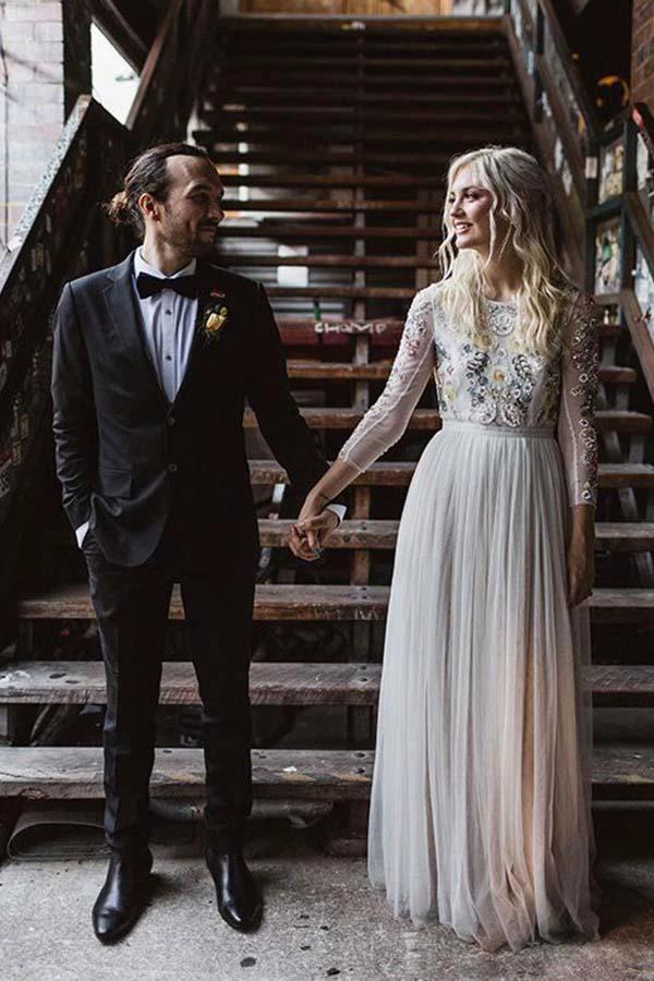 A-Line Round Neck Long Wedding Dress with Lace Long Sleeves  WD341 - Image 3