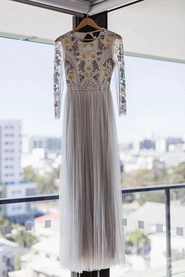A-Line Round Neck Long Wedding Dress with Lace Long Sleeves  WD341 - Image 4