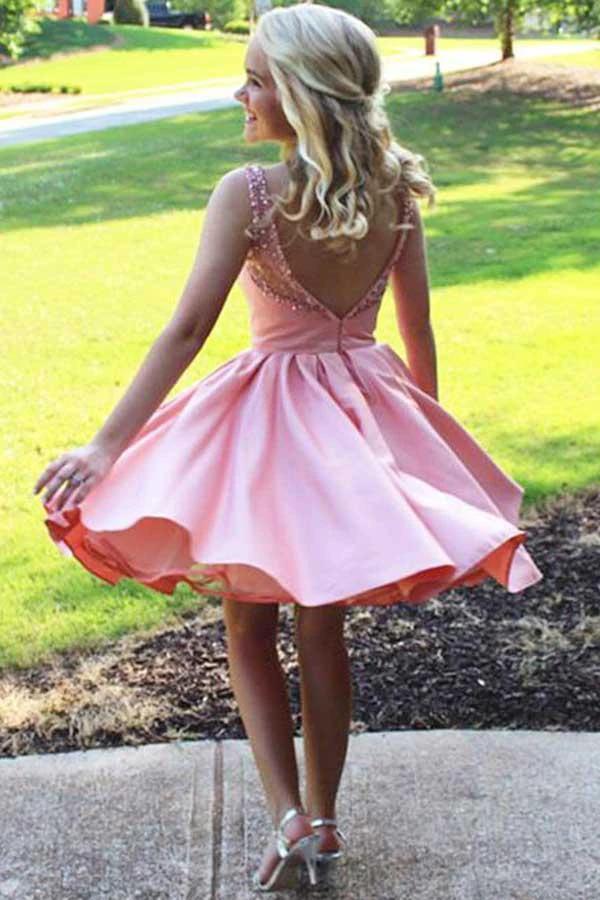 A-Line Round Neck Pink Satin Homecoming/Party Dress with Beading PD079 - Image 2