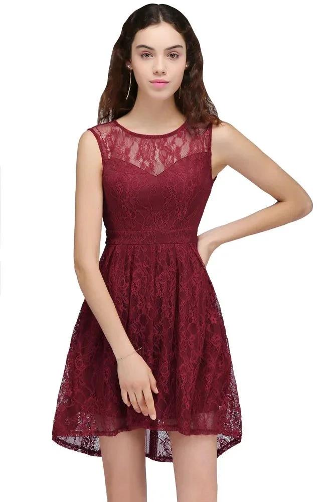 A-Line Round Neck Short Lace Burgundy Homecoming Dresses - Image 2