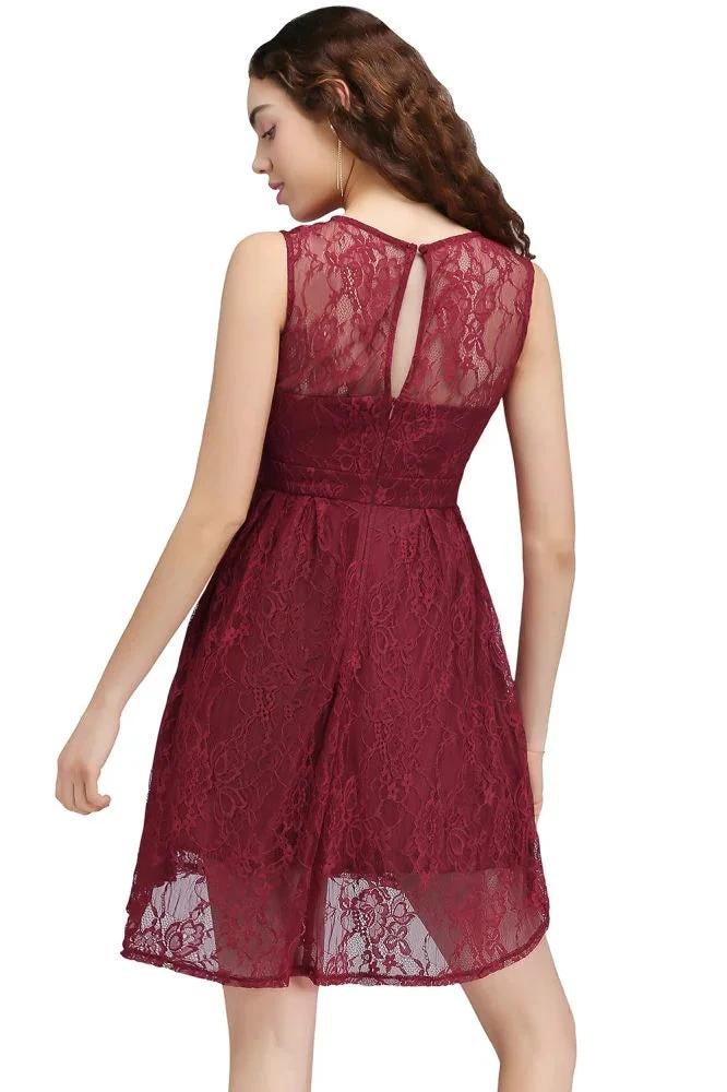A-Line Round Neck Short Lace Burgundy Homecoming Dresses - Image 3