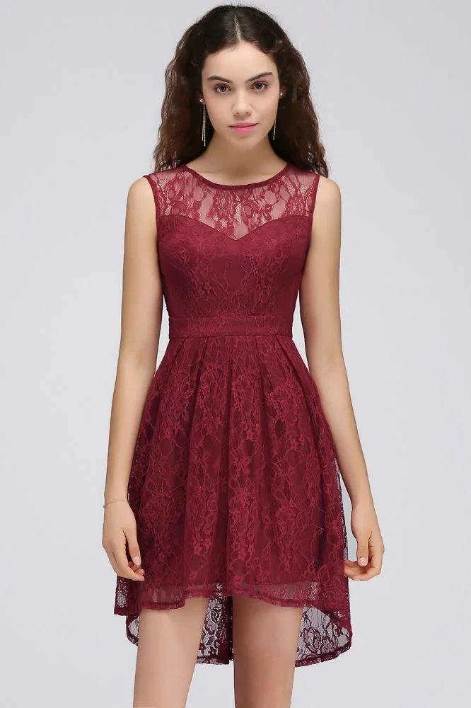 A-Line Round Neck Short Lace Burgundy Homecoming Dresses - Image 4