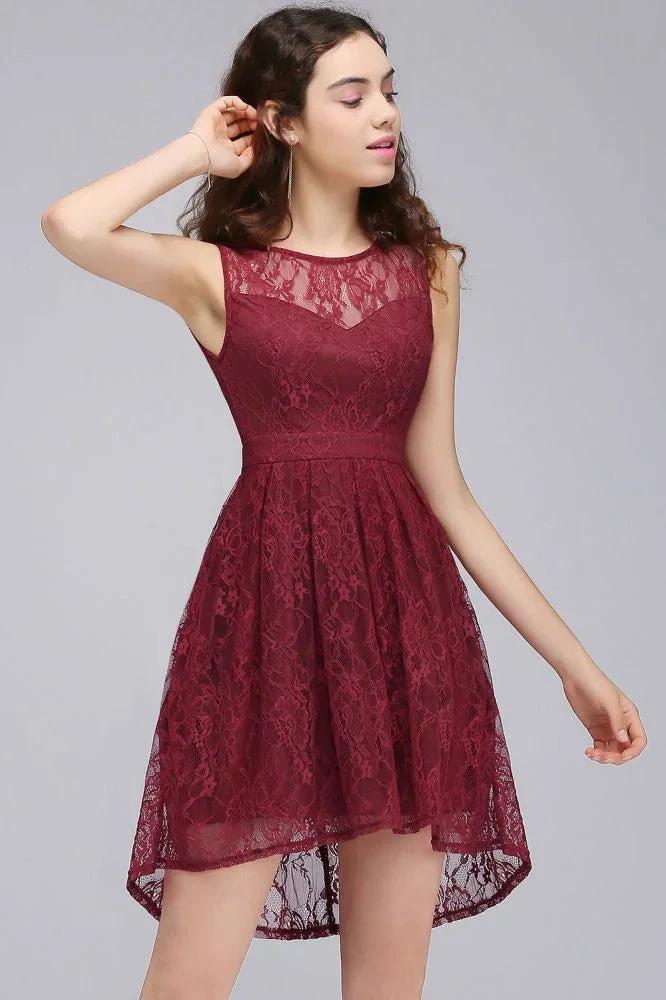 A-Line Round Neck Short Lace Burgundy Homecoming Dresses - Image 5