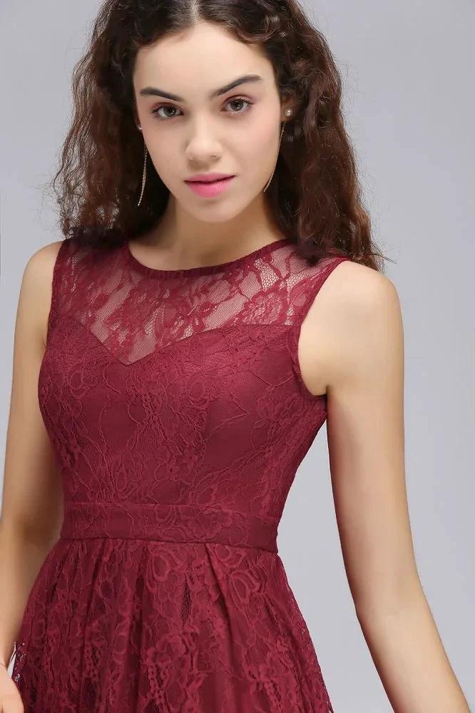 A-Line Round Neck Short Lace Burgundy Homecoming Dresses - Image 6