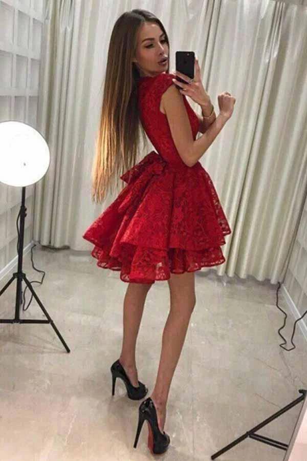 A-Line Round Neck Short Red Lace Homecoming Party Dress  PD228 - Image 2