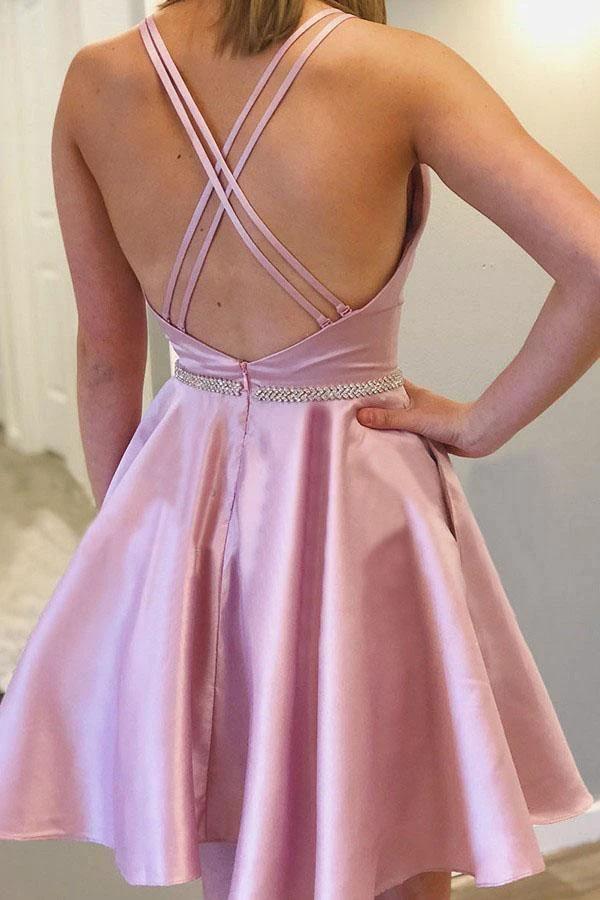 A-line Round Neck Sleeveless Straps Short Homecoming Dress with Beading PD382 - Image 2