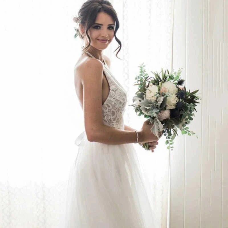 A-Line Round Neck Sweep Train Tulle Wedding Dress with Lace  WD390 - Image 2