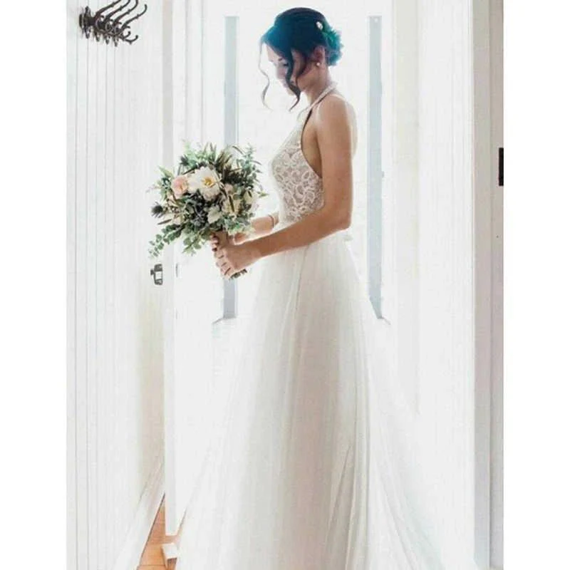 A-Line Round Neck Sweep Train Tulle Wedding Dress with Lace  WD390 - Image 3