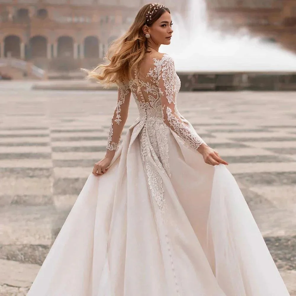 A-Line Round Neck Wedding Dress Crystal Beads Elegant Ladies Bohemian Lace Applique Long Sleeve Bride Bridal Gowns Seaside Party - Image 2