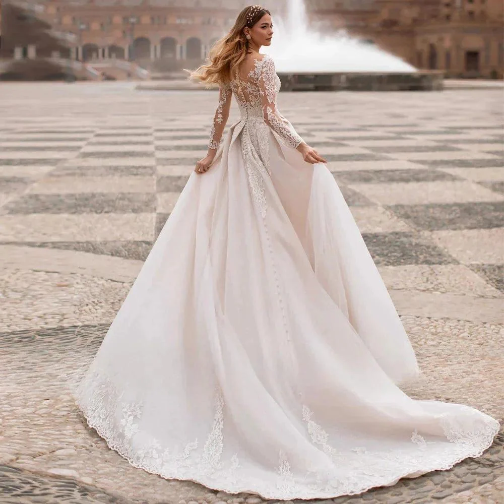 A-Line Round Neck Wedding Dress Crystal Beads Elegant Ladies Bohemian Lace Applique Long Sleeve Bride Bridal Gowns Seaside Party - Image 3