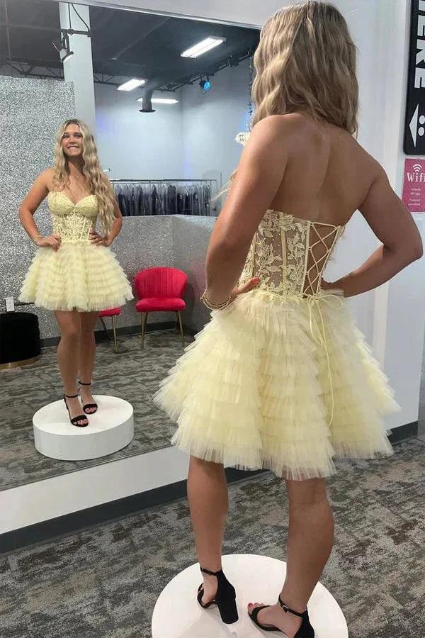 A-Line Ruffled Yellow Strapless Corset Homecoming Dress PD518 - Image 2