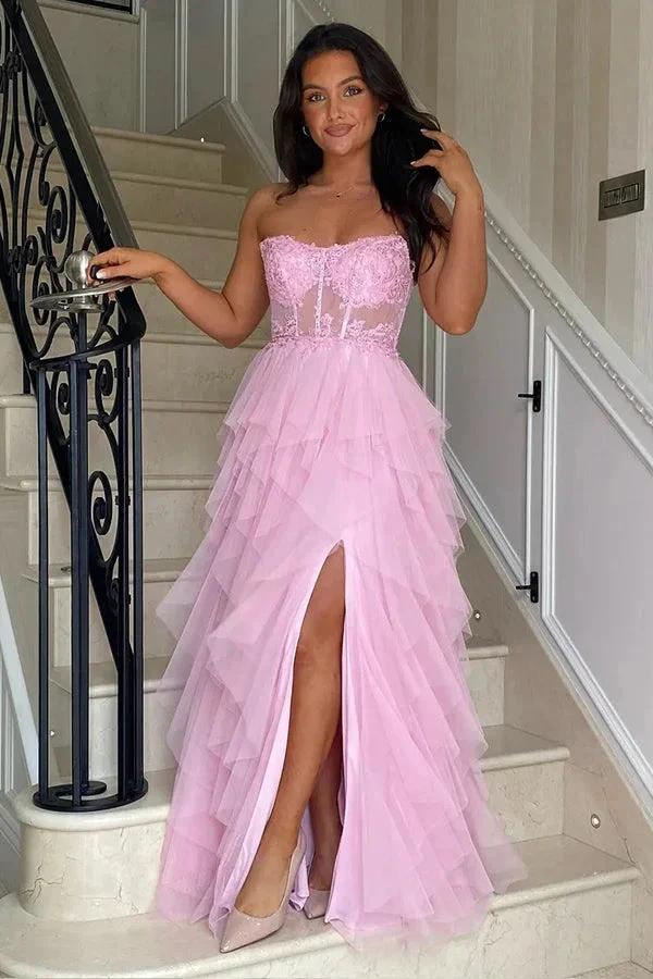 A-Line Ruffles Appliques Corset Pink Long Prom Dress with Slit PSK604 - Image 2