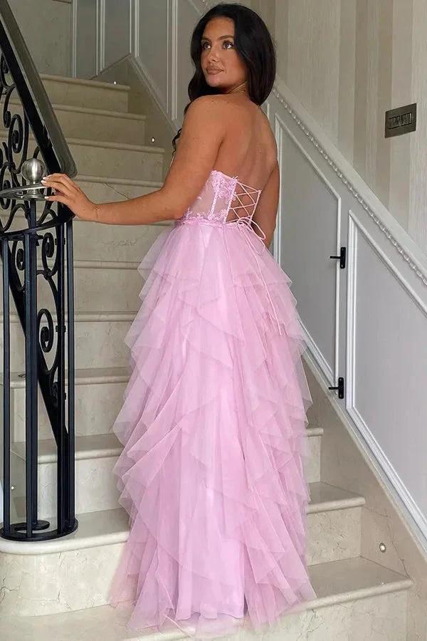 A-Line Ruffles Appliques Corset Pink Long Prom Dress with Slit PSK604 - Image 3