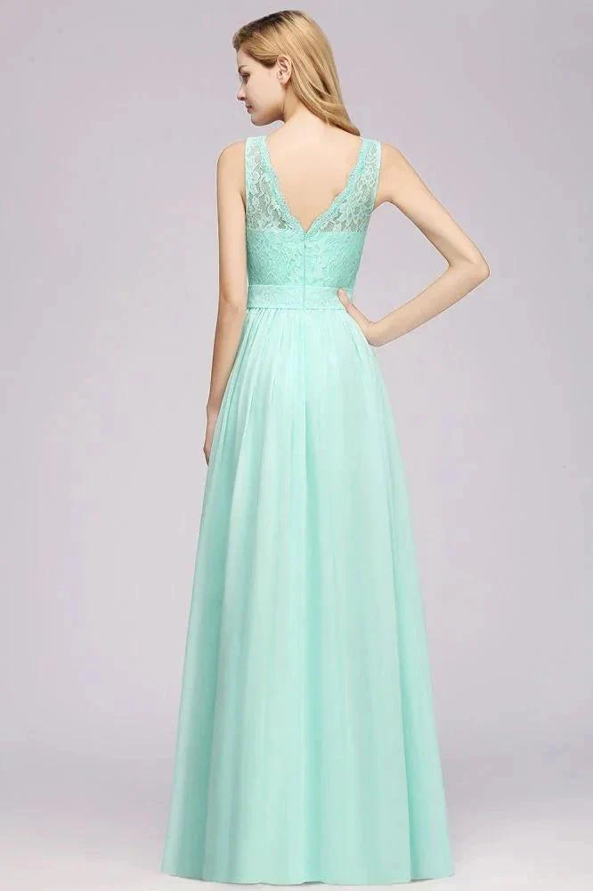 A-Line Ruffles Bridesmaid Dress Lace Scalloped Sleeveless Floor-Length Wedding Party Dress - Image 2