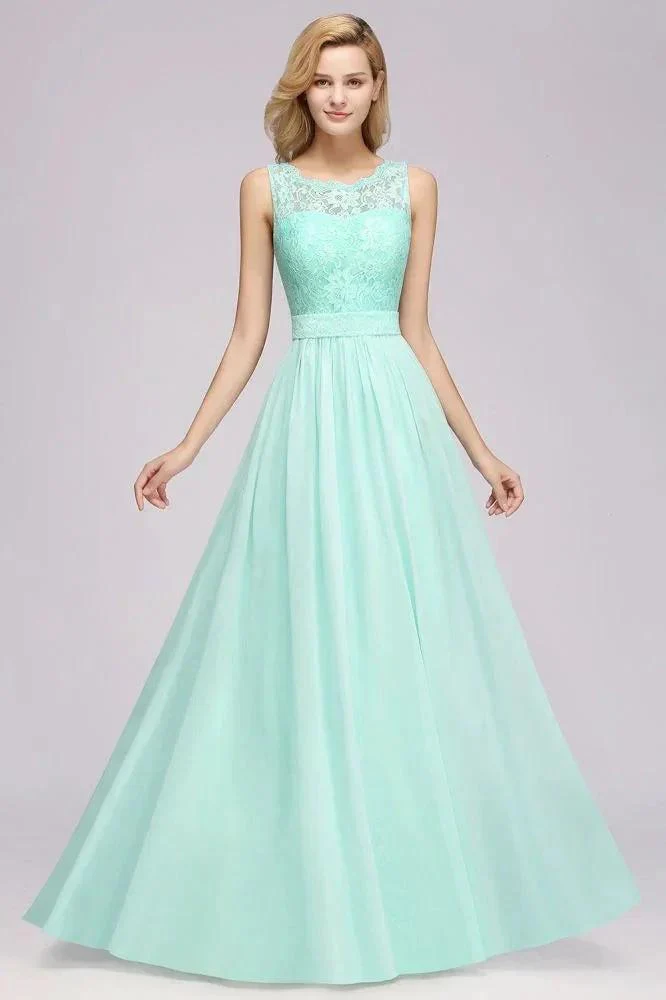 A-Line Ruffles Bridesmaid Dress Lace Scalloped Sleeveless Floor-Length Wedding Party Dress - Image 4