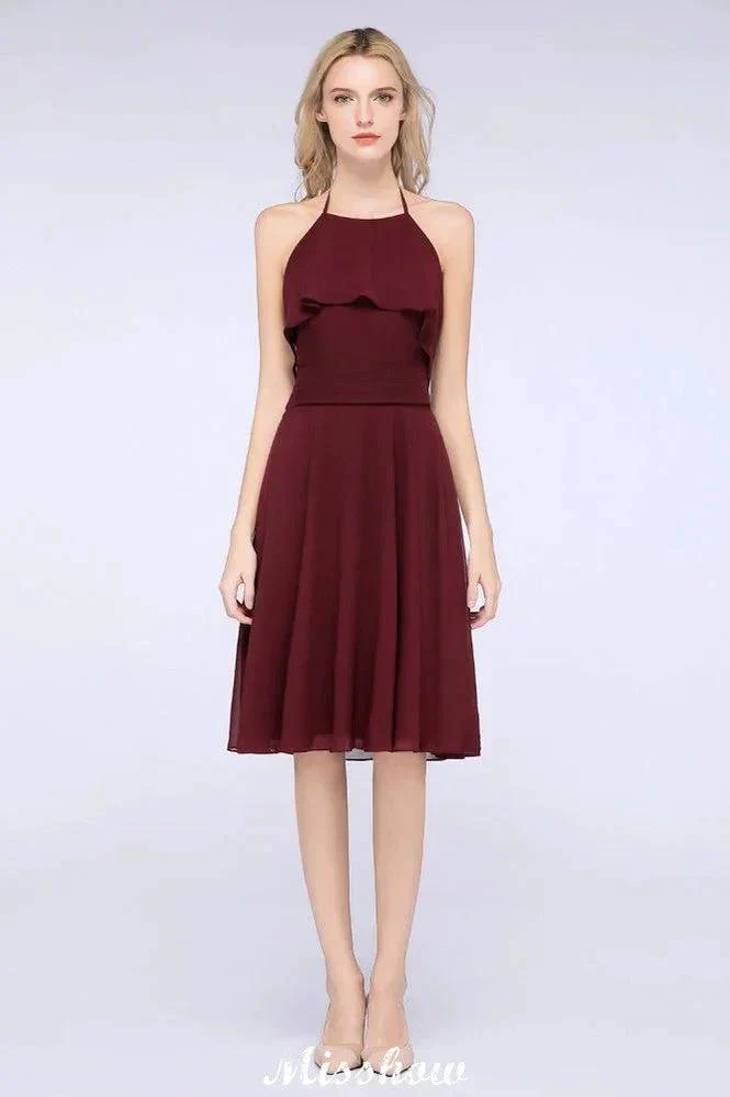 A-Line Ruffles Chiffon Halter Knee-Length Party Dress Simple Bridesmaid Dress - Image 2
