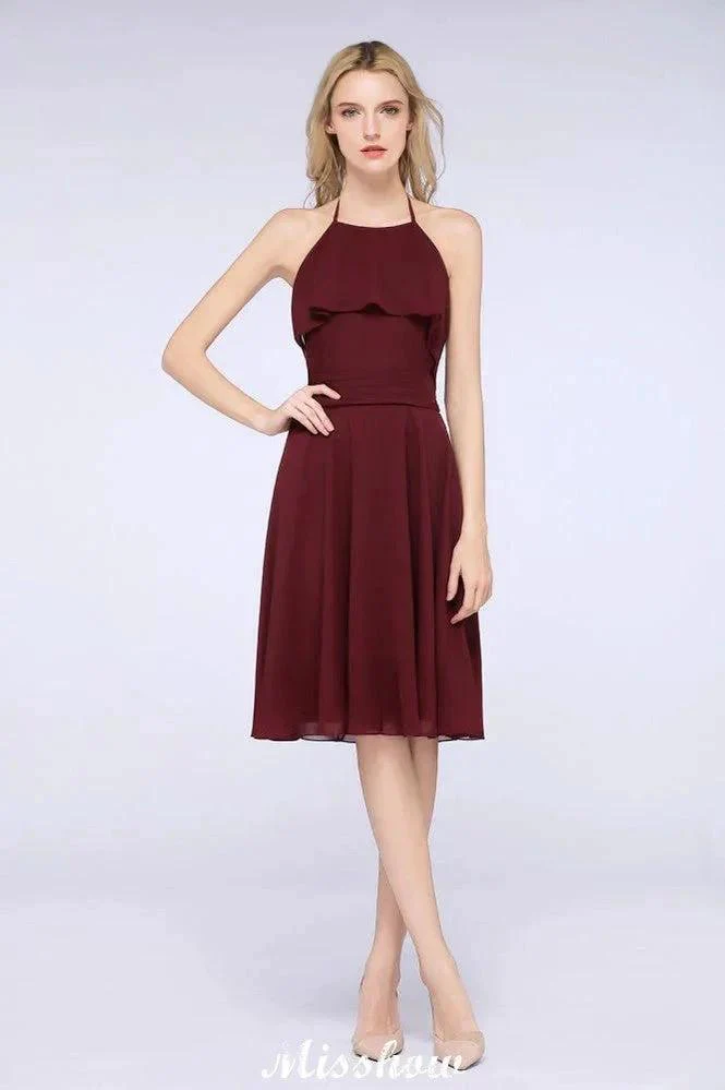 A-Line Ruffles Chiffon Halter Knee-Length Party Dress Simple Bridesmaid Dress - Image 3