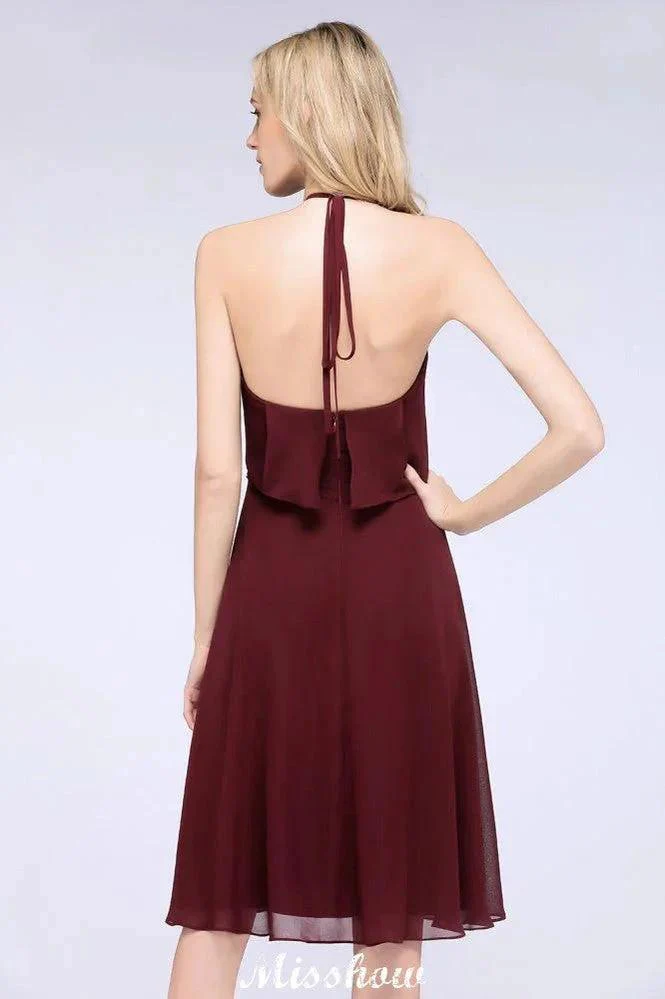A-Line Ruffles Chiffon Halter Knee-Length Party Dress Simple Bridesmaid Dress - Image 4