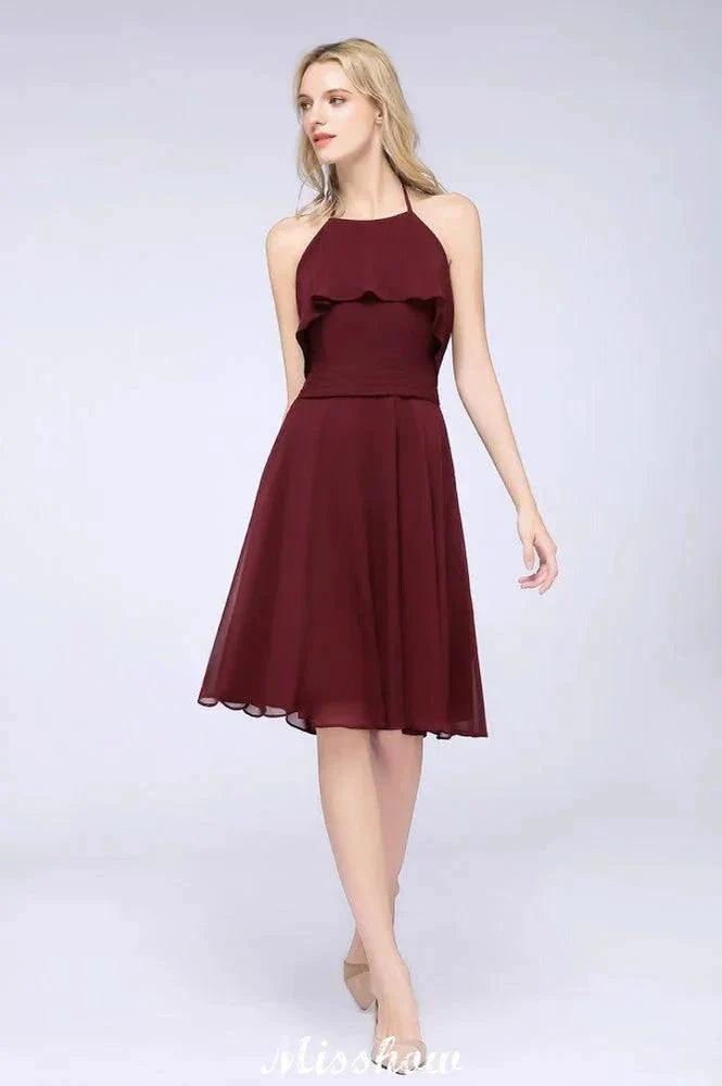 A-Line Ruffles Chiffon Halter Knee-Length Party Dress Simple Bridesmaid Dress - Image 5