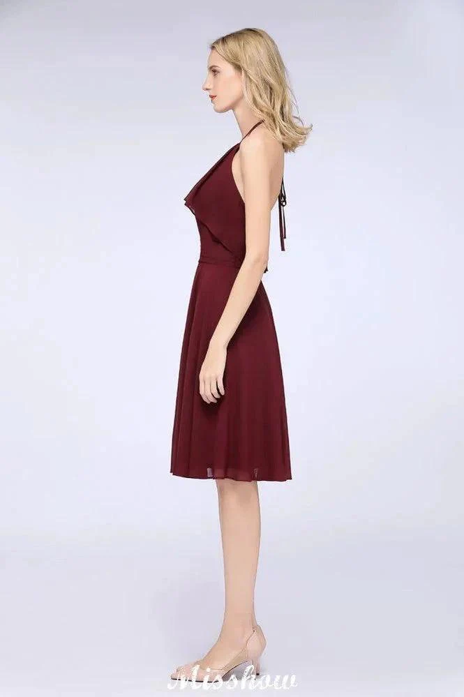 A-Line Ruffles Chiffon Halter Knee-Length Party Dress Simple Bridesmaid Dress - Image 6