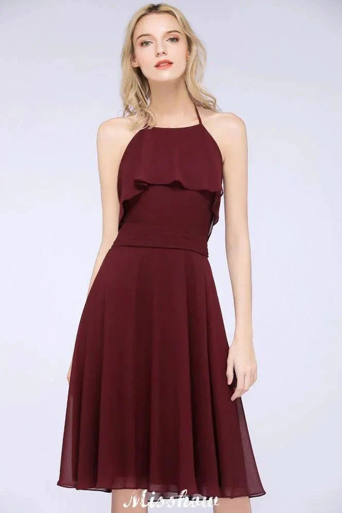 A-Line Ruffles Chiffon Halter Knee-Length Party Dress Simple Bridesmaid Dress - Image 7