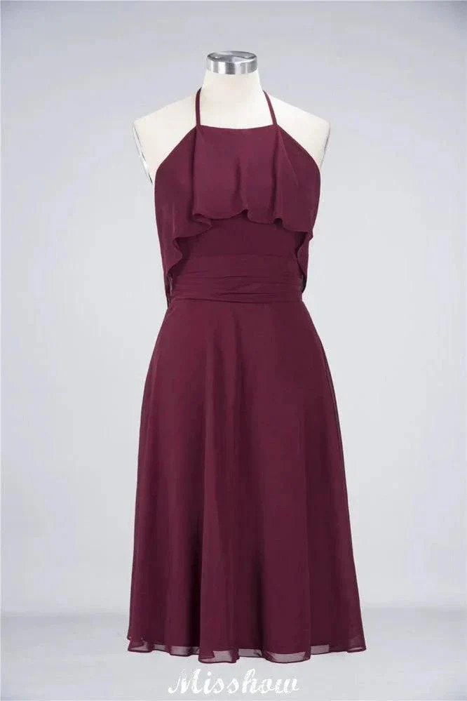 A-Line Ruffles Chiffon Halter Knee-Length Party Dress Simple Bridesmaid Dress - Image 8