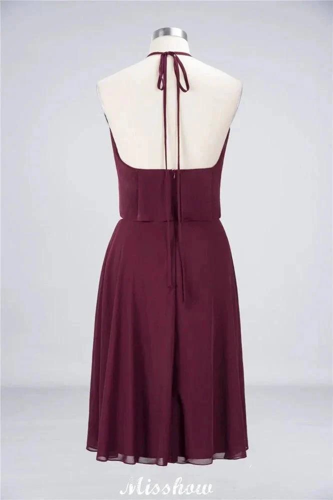 A-Line Ruffles Chiffon Halter Knee-Length Party Dress Simple Bridesmaid Dress - Image 9