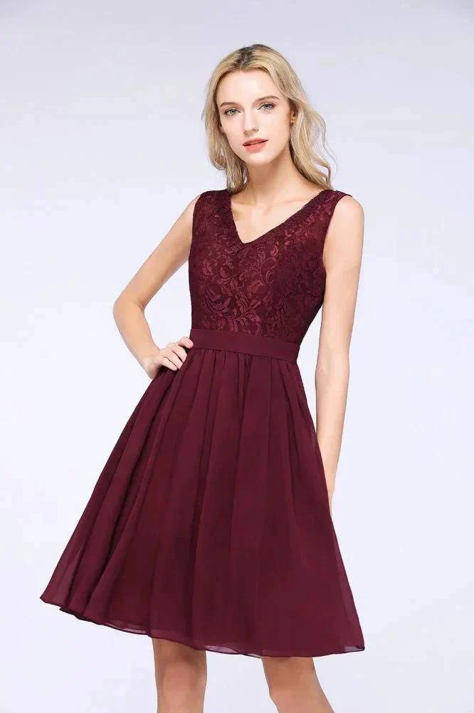 A-Line Ruffles Chiffon Lace V-Neck Evening Party Dress Sleeveless Knee-Length Homecoming Dress - Image 5