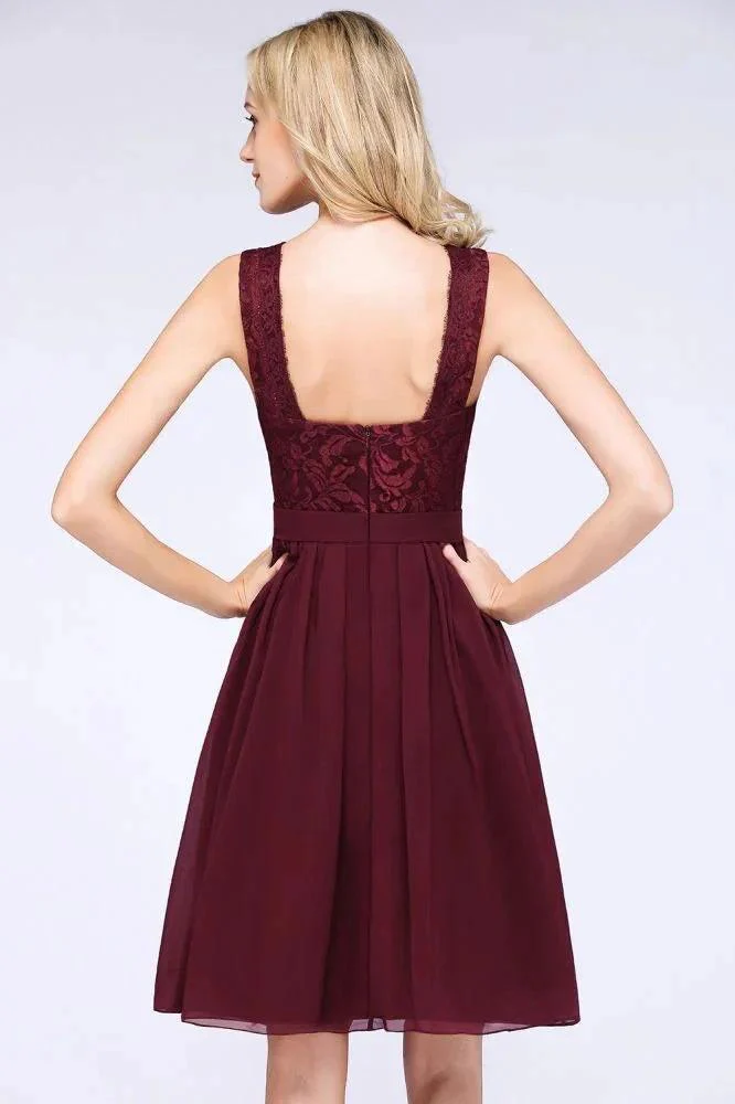 A-Line Ruffles Chiffon Lace V-Neck Evening Party Dress Sleeveless Knee-Length Homecoming Dress - Image 6