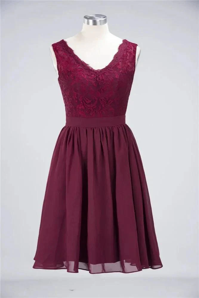 A-Line Ruffles Chiffon Lace V-Neck Evening Party Dress Sleeveless Knee-Length Homecoming Dress - Image 7