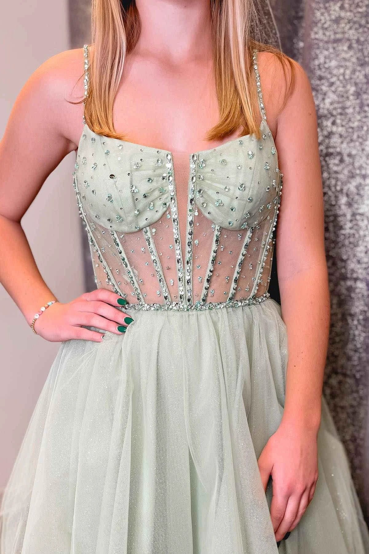 A-Line Sage Green Straps Sequin Beaded Tulle Prom Dress PSK488 - Image 2