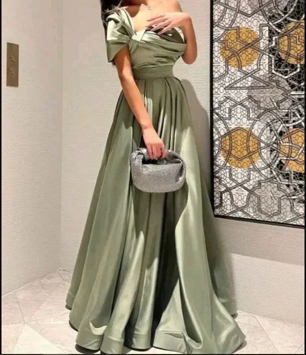 A-line Sage Satin Asymmetrical Neckline Evening Dress Y5345 - Image 2