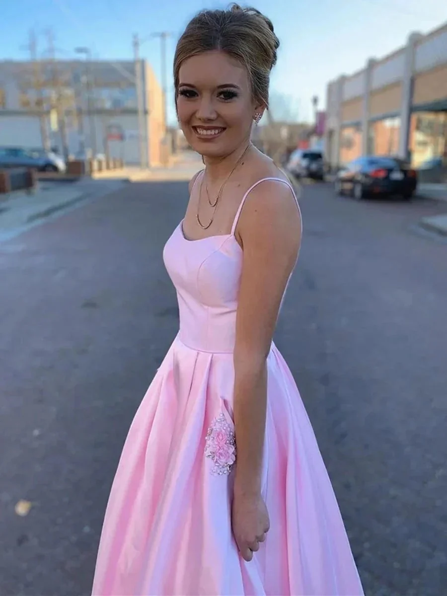 A Line Satin Floral Long Prom Dresses with Pockets Backless Formal Graduation Evening Gowns - Image 3
