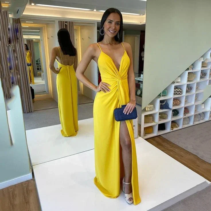 A-Line Satin Prom Dress Sexy V-Neck Spaghetti Straps Evening Dress High Slit Y5302 - Image 2