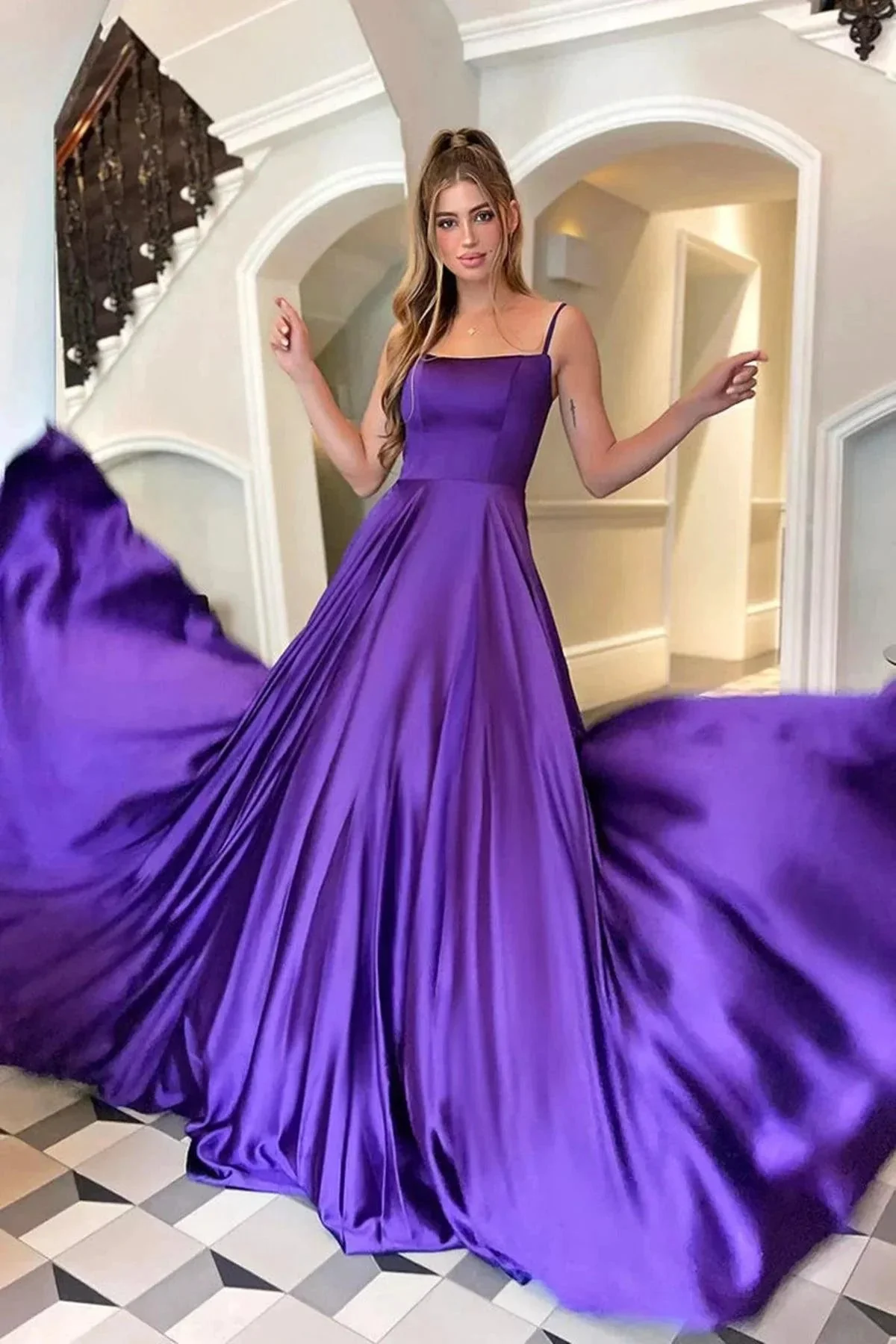 A-line Satin Scoop Neck Long Prom Dress Straps Formal Dress PSK356 - Image 2
