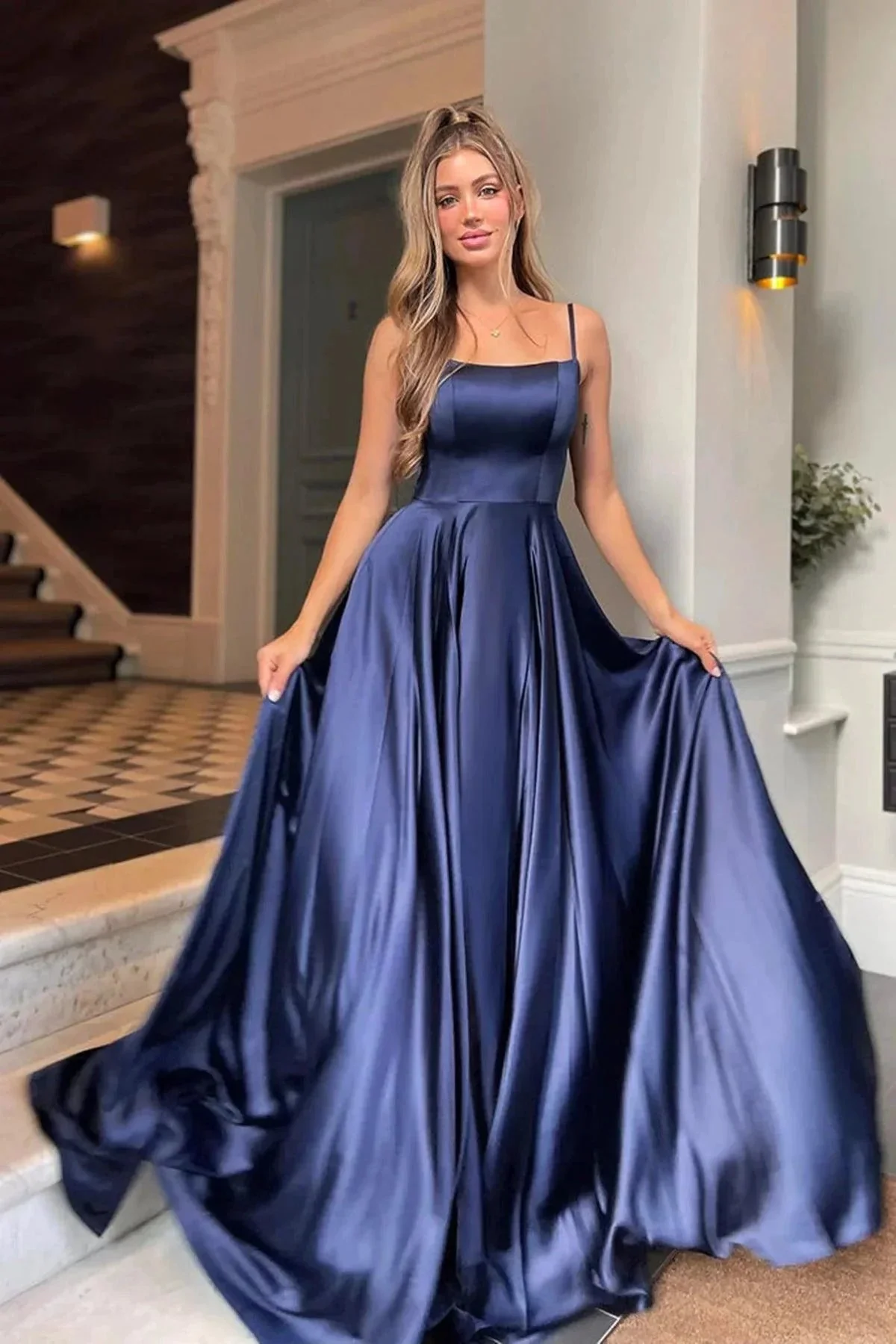 A-line Satin Scoop Neck Long Prom Dress Straps Formal Dress PSK356 - Image 3