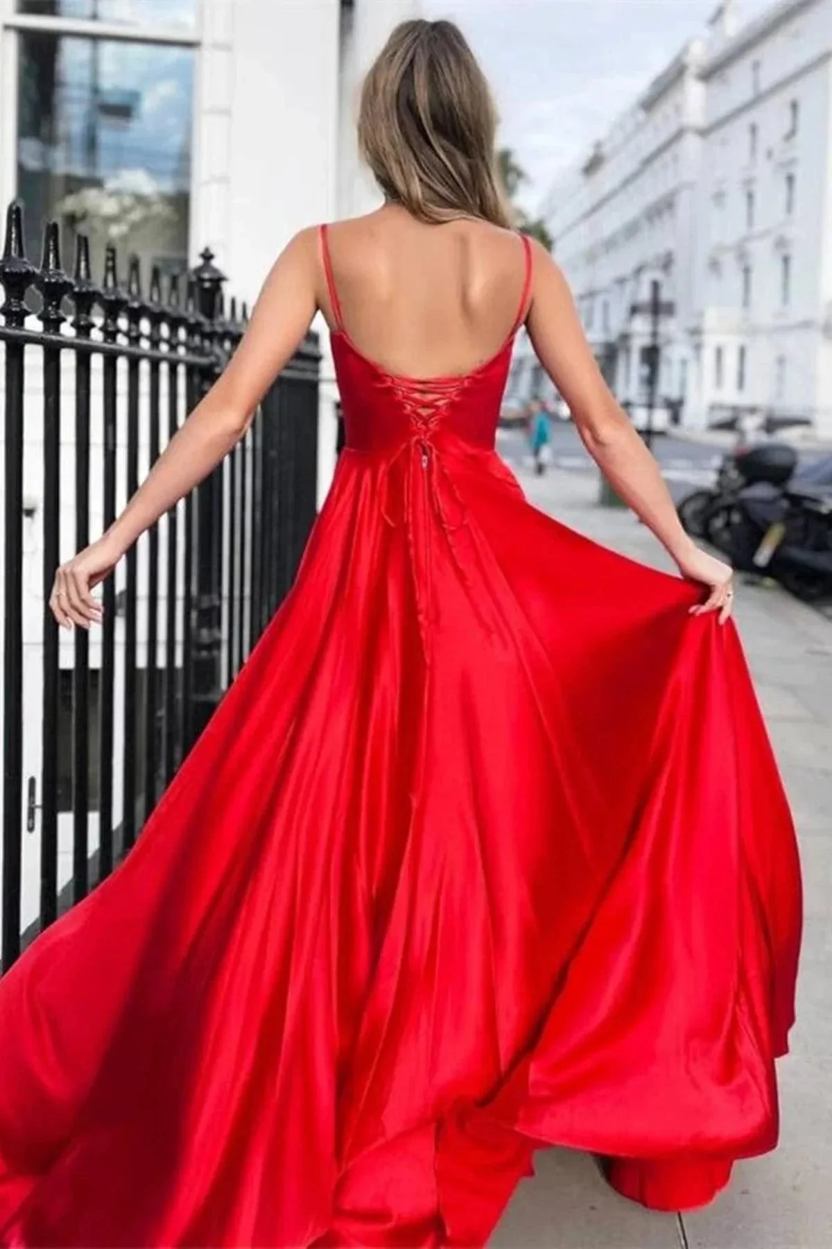 A-line Satin Scoop Neck Long Prom Dress Straps Formal Dress PSK356 - Image 5