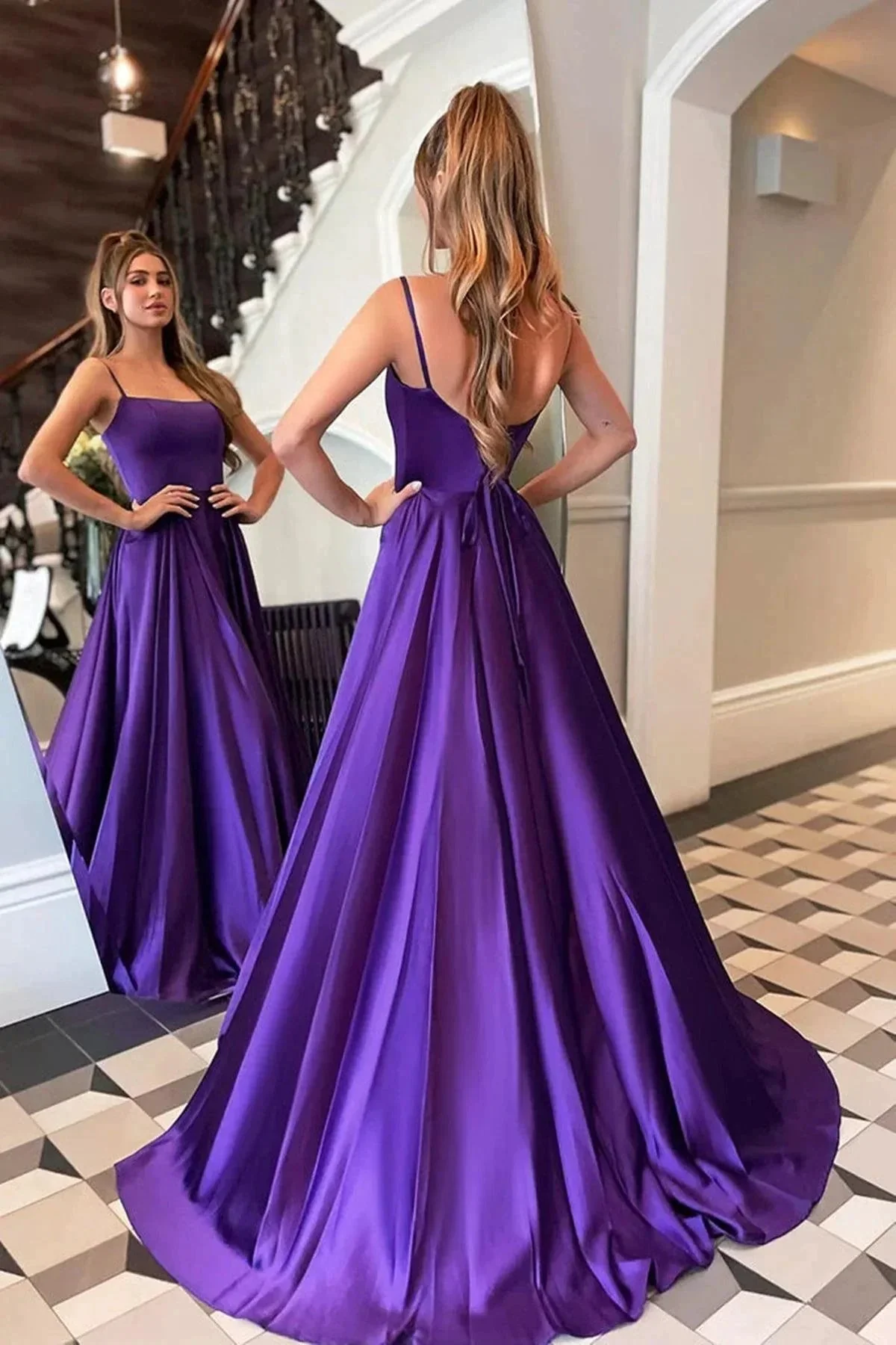 A-line Satin Scoop Neck Long Prom Dress Straps Formal Dress PSK356 - Image 6