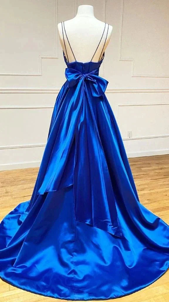 A-line Satin V Neck Royal Blue Prom Dresses Evening Dresses Y1163 - Image 2