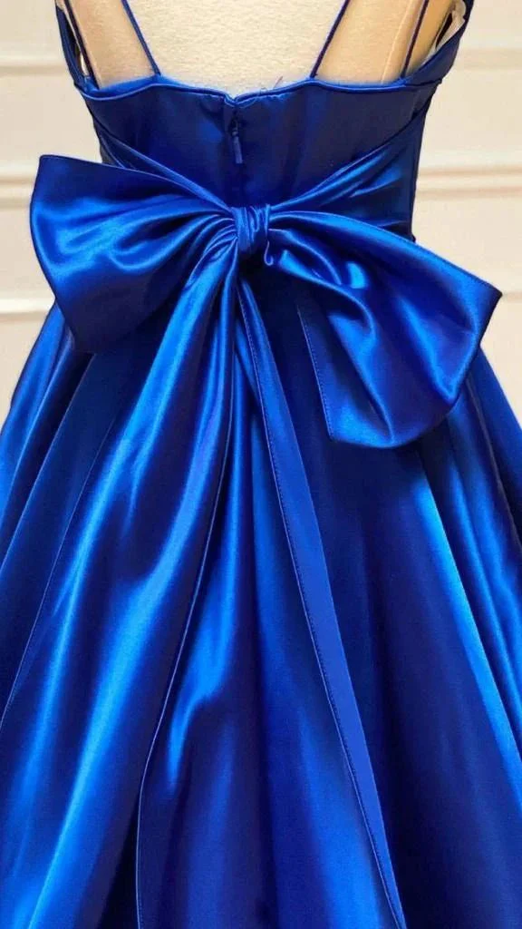 A-line Satin V Neck Royal Blue Prom Dresses Evening Dresses Y1163 - Image 3