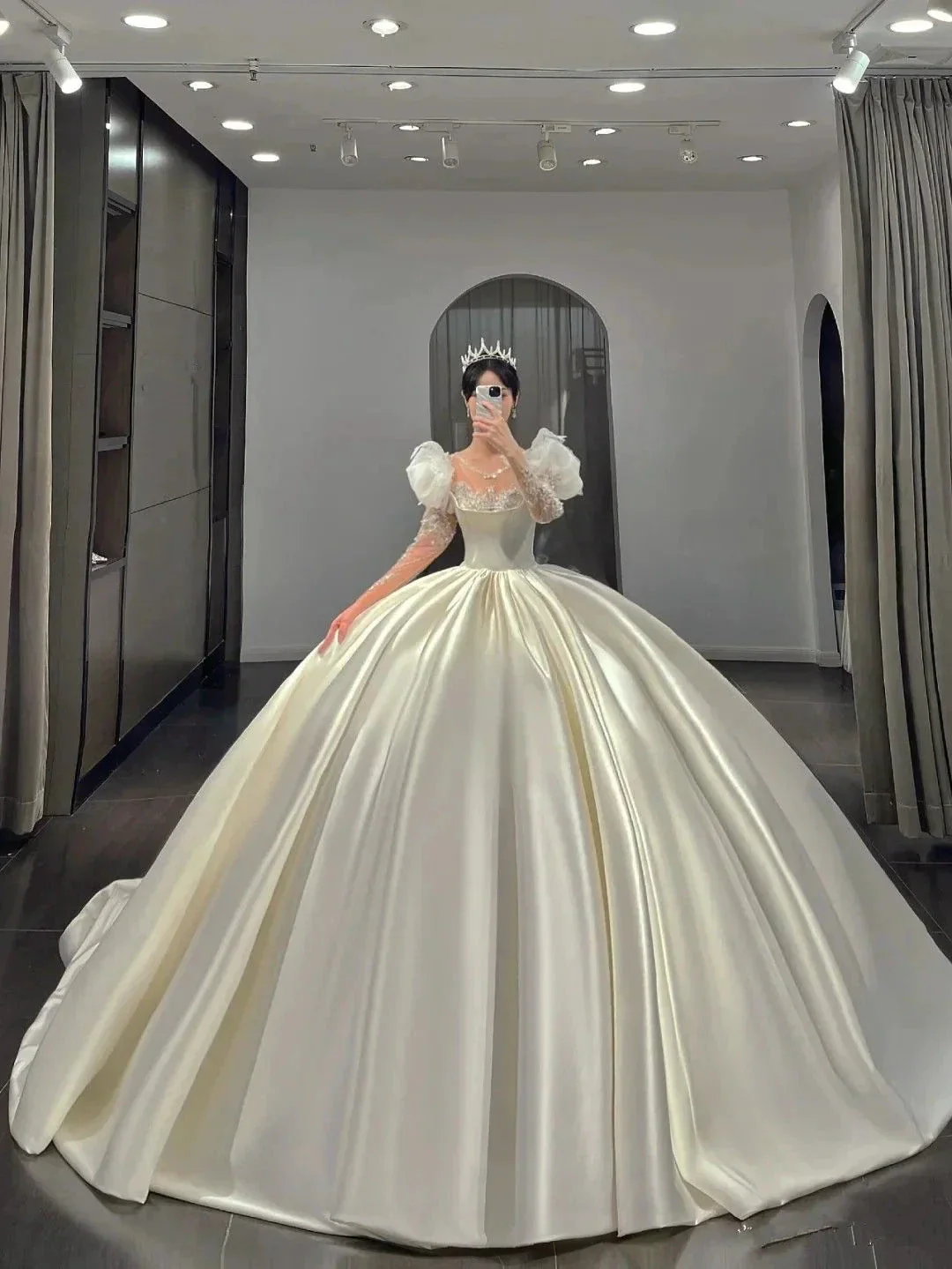A-line Satin Wedding Dress,Retro White Satin Wedding Dress  Y2290 - Image 2