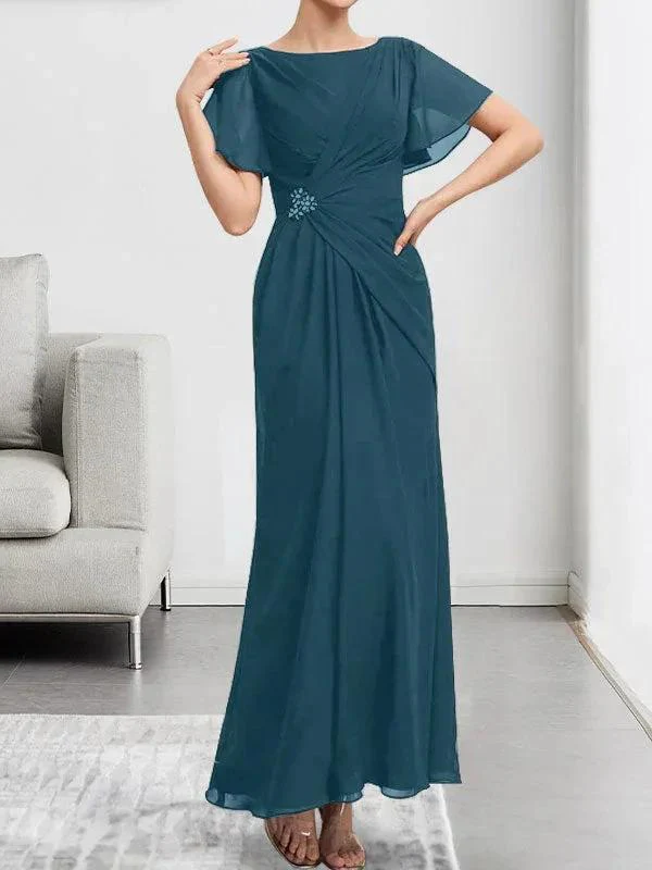 A-line Scoop Ankle-Length Chiffon Mother of the Bride Dress With Beading Pleated - Image 42