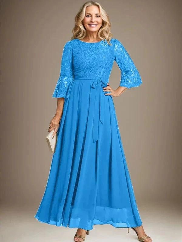 A-line Scoop Ankle-Length Lace Chiffon Mother of the Bride Dress With Bow - Image 10