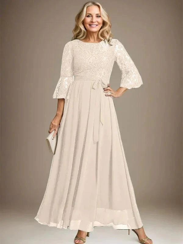 A-line Scoop Ankle-Length Lace Chiffon Mother of the Bride Dress With Bow - Image 11