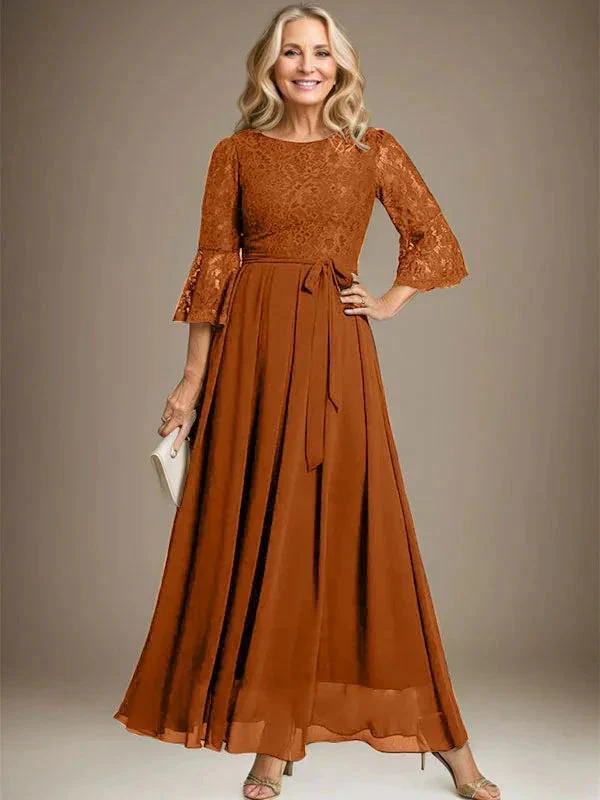 A-line Scoop Ankle-Length Lace Chiffon Mother of the Bride Dress With Bow - Image 12