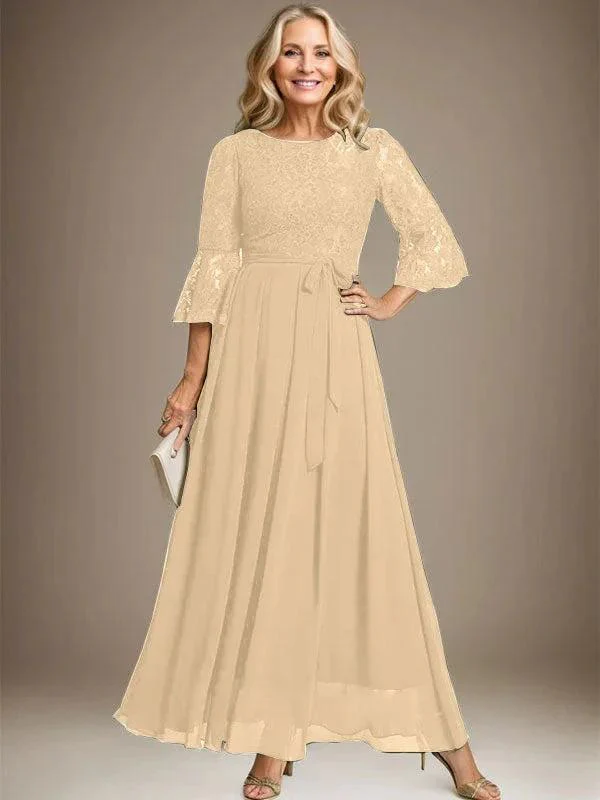 A-line Scoop Ankle-Length Lace Chiffon Mother of the Bride Dress With Bow - Image 13