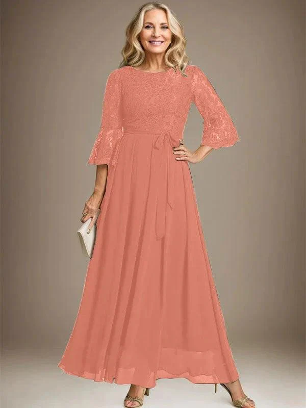 A-line Scoop Ankle-Length Lace Chiffon Mother of the Bride Dress With Bow - Image 14